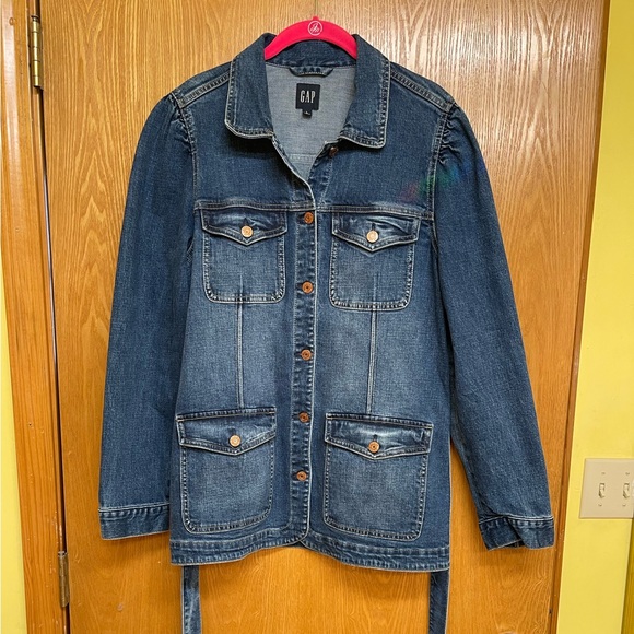 Like New  GAP Puff Sleeve Denim Belted Jacket Size Large - Picture 3 of 10
